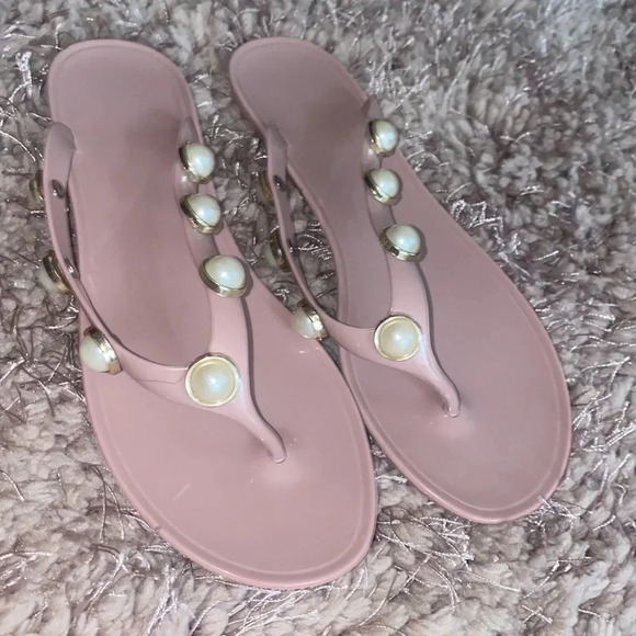 Luxe fashion nude pink pearl studded thong jelly slippers Sz  L - Picture 9 of 10